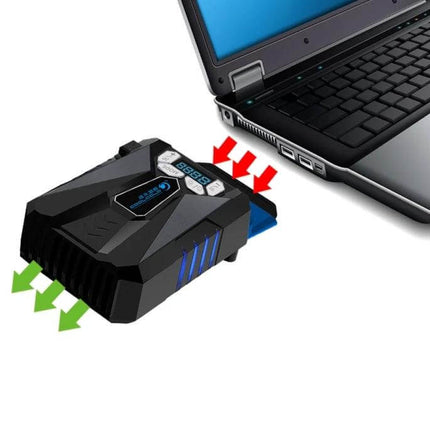 Ice Troll Portable Laptop Cooling Fan with Speed Adjustment positioned under laptop showing airflow and digital speed display