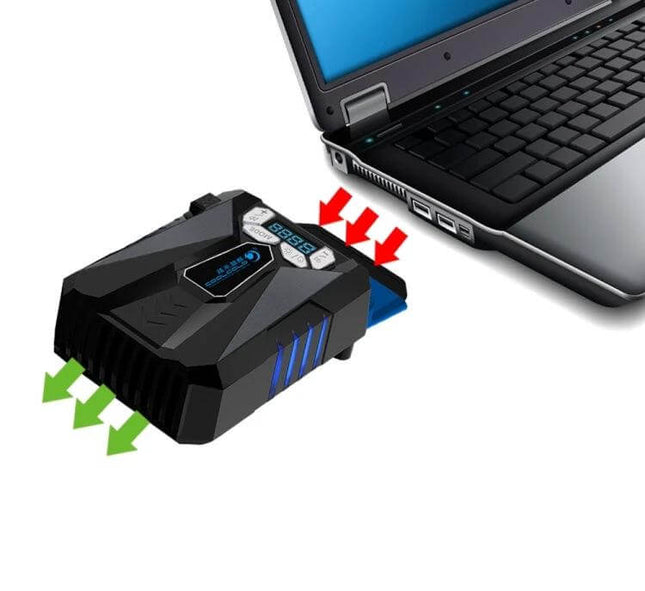 Ice Troll Portable Laptop Cooling Fan with Speed Adjustment positioned under laptop showing airflow and digital speed display