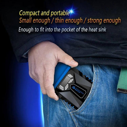 Ice Troll Portable Laptop Cooling Fan with Speed Adjustment shown compactly fitting into a jeans pocket, portable cooling device for gaming and editing