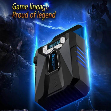Ice Troll Portable Laptop Cooling Fan with Speed Adjustment shown under gaming laptop, automatic real-time speed control for heavy use