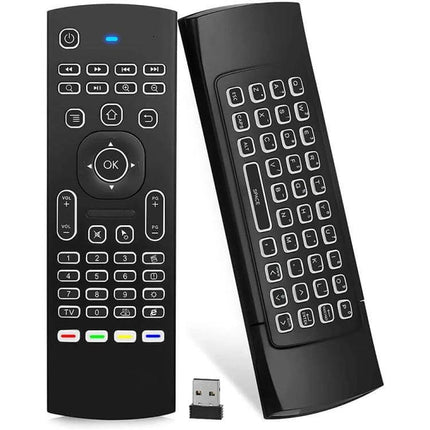 Wireless Backlit Keyboard Remote for Media and TV Control - compact black wireless backlit keyboard and remote with USB receiver for smart TV navigation
