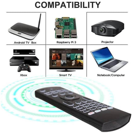 Wireless Backlit Keyboard Remote for Media and TV Control shown with compatible devices like Android TV box, Raspberry Pi, projector, Xbox, smart TV, laptop