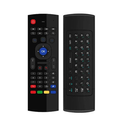 Wireless Air Mouse and Keyboard Remote for TV Control - black dual-sided 2.4G wireless remote with QWERTY keyboard and navigation buttons