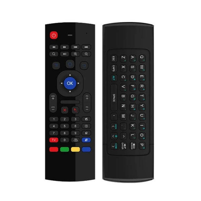 Wireless Air Mouse and Keyboard Remote for TV Control showing front navigation buttons and rear QWERTY keyboard