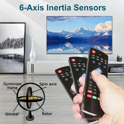 Wireless Air Mouse and Keyboard Remote for TV Control in hand pointing at smart TV, 6-axis inertia sensors and 2.4G wireless remote