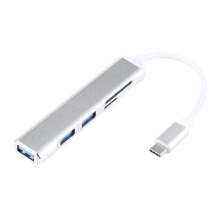 USB-C Multi-Port Hub with SD Card Reader and USB Ports - slim silver hub with SD card slot and dual USB-A ports for photographers and remote workers