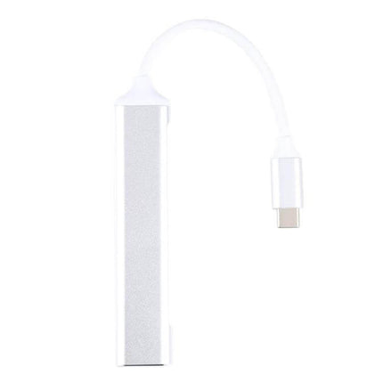 USB-C Multi-Port Hub with SD Card Reader and USB Ports in silver, compact portable hub with Type-C connector for SD card and USB peripherals