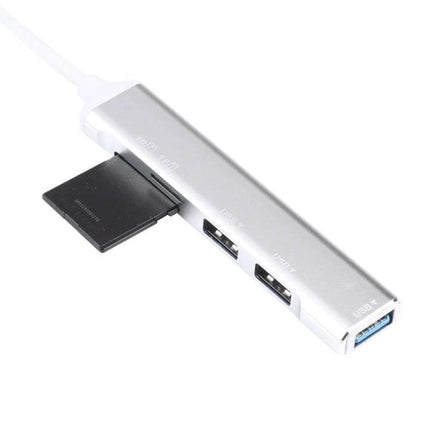 USB-C Multi-Port Hub with SD Card Reader and USB Ports showing SD card inserted and multiple USB ports for photographers and travelers