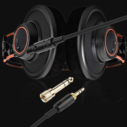 Audio Replacement Cable for AKG Q701 and Pioneer HDJ-2000 shown with 3.5mm plug and 6.35mm adapter beside AKG-style headphones
