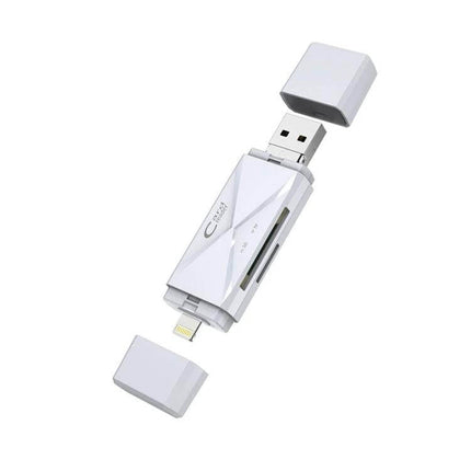 Multi-Function Card Reader for SD and TF Cards with USB Ports - compact white card reader with SD/TF slots, USB and Lightning connectors for file transfer