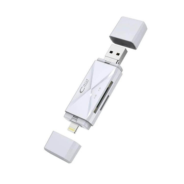 Multi-Function Card Reader for SD and TF Cards with USB Ports - compact white card reader with SD/TF slots, USB and Lightning connectors for file transfer