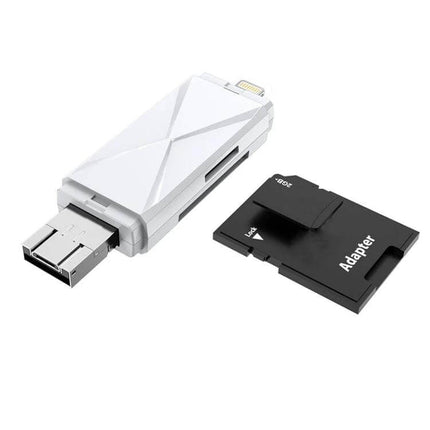 Multi-Function Card Reader for SD and TF Cards with USB Ports white adapter showing SD/TF slots and USB/Micro USB connectors