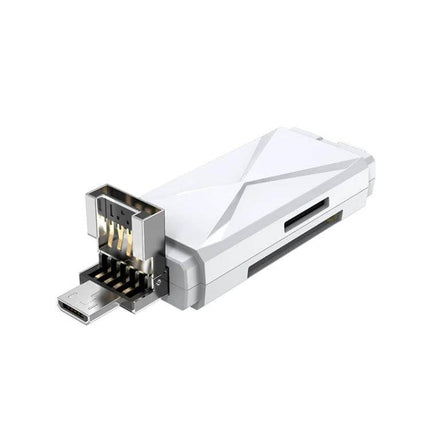 Multi-Function Card Reader for SD and TF Cards with USB Ports - white compact reader with SD/TF slots, 8Pin, USB and Micro USB connectors for travel