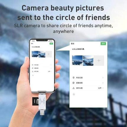 Multi-Function Card Reader for SD and TF Cards with USB Ports connected to smartphone transferring photos on the go