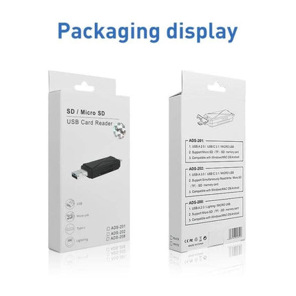 Multi-Function Card Reader for SD and TF Cards with USB Ports packaging display showing front and back of boxed product