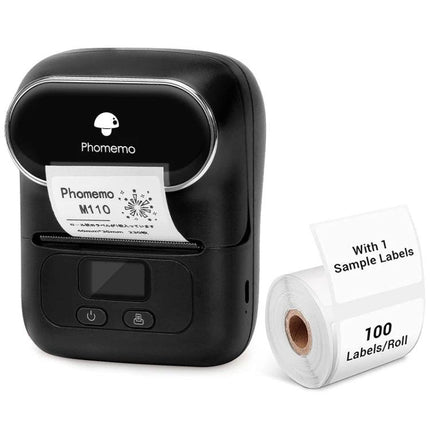 Phomemo Portable Bluetooth Thermal Printer for Labels showing compact black label printer with sample label roll