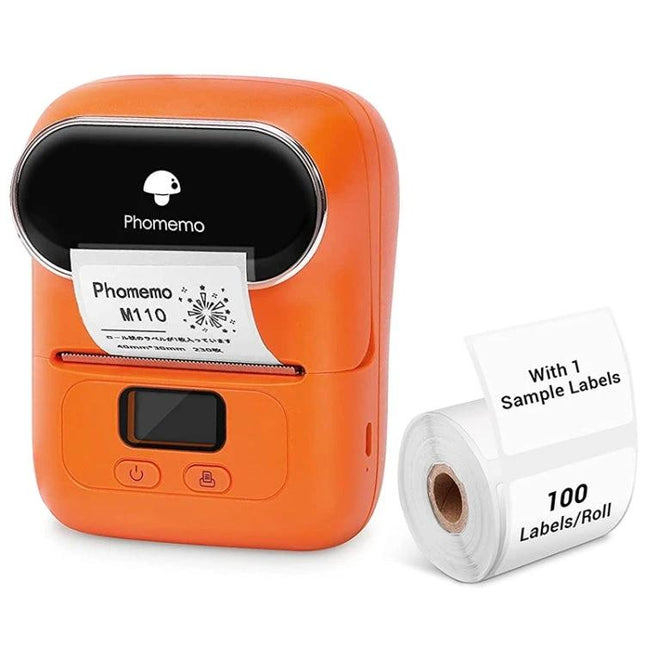 Orange Phomemo Portable Bluetooth Thermal Printer for Labels printing a sample label beside a roll of 100 labels