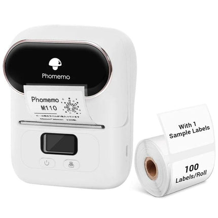 Phomemo Portable Bluetooth Thermal Printer for Labels compact white label printer with roll of 100 sample labels