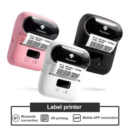 Phomemo Portable Bluetooth Thermal Printer for Labels showing three compact pink white and black models printing label