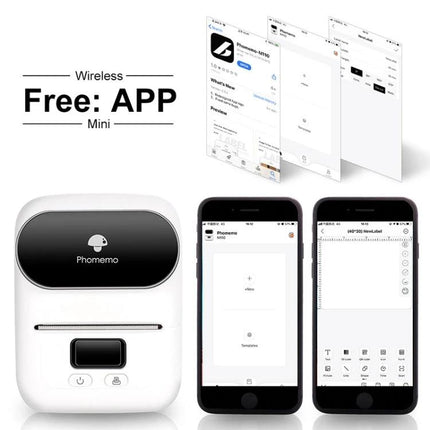 Phomemo Portable Bluetooth Thermal Printer for Labels compact white printer with smartphones showing free app interface