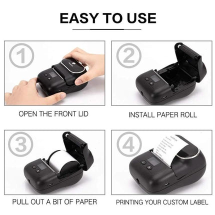 Phomemo Portable Bluetooth Thermal Printer for Labels showing step-by-step easy-to-use guide: open lid, install roll, pull paper, print custom label