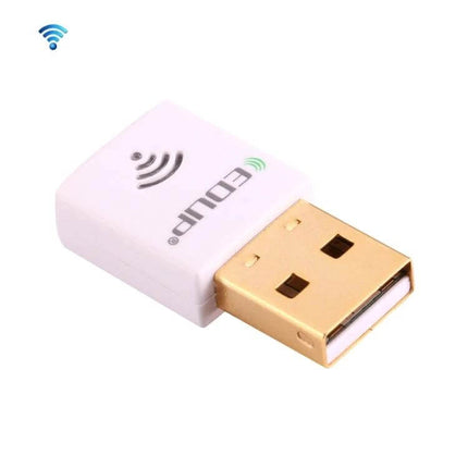 EDUP Mini Dual-Band Wireless USB Adapter for Laptops and PCs plugged into laptop USB port showing compact white adapter for faster WiFi