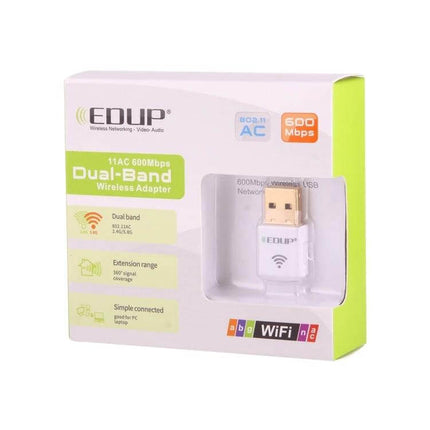 EDUP Mini Dual-Band Wireless USB Adapter for Laptops and PCs in retail packaging showing white USB WiFi dongle and product features