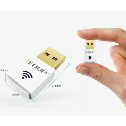 EDUP Mini Dual-Band Wireless USB Adapter for Laptops and PCs compact white USB WiFi dongle shown next to fingers for scale