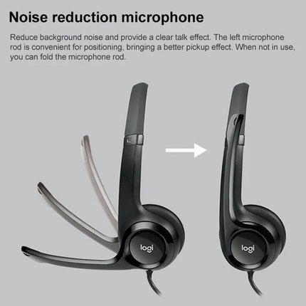 Logitech Wired Headset With Noise Cancelling Mic For Calls showing adjustable noise-reduction boom mic and USB-A wired connection