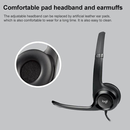 Logitech Wired Headset With Noise Cancelling Mic For Calls showing black padded headband, earcup and USB-A wired microphone