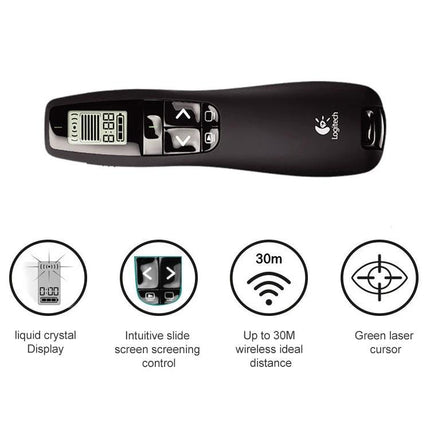 Logitech Wireless Presenter with Green Laser Pointer for Presentations - black remote with LCD, slide controls, 30m wireless range and green laser cursor
