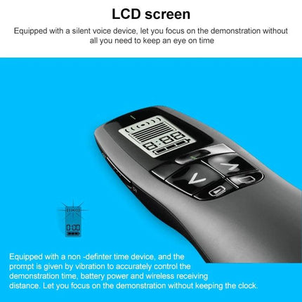 Logitech Wireless Presenter with Green Laser Pointer for Presentations - silver wireless presenter with LCD screen and slide control buttons