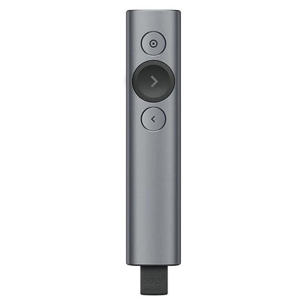 Logitech Spotlight Wireless Presentation Remote Control in gray showing forward/back buttons and USB receiver for professional presentations