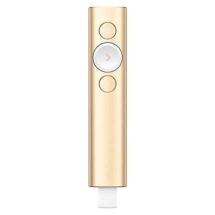 Logitech Spotlight Wireless Presentation Remote Control in gold, slim wireless presenter with navigation and highlight buttons