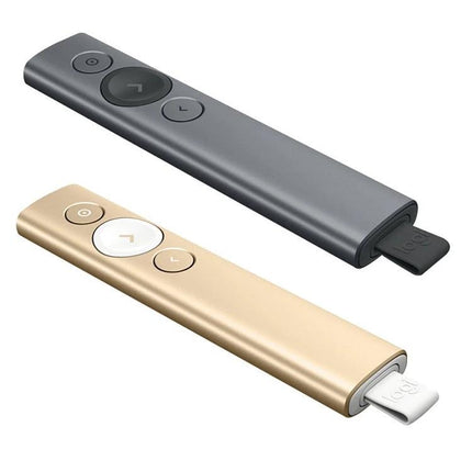 Logitech Spotlight Wireless Presentation Remote Control in charcoal and gold colors with USB receiver for slide navigation and highlighting