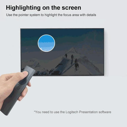 Logitech Spotlight Wireless Presentation Remote Control highlighting on-screen pointer to emphasize slide content during presentations