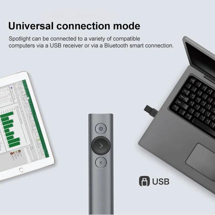 Logitech Spotlight Wireless Presentation Remote Control shown between laptop and tablet highlighting USB receiver and universal connection mode