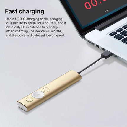 Logitech Spotlight Wireless Presentation Remote Control shown charging via USB-C next to a laptop, highlighting fast charging and compact gold remote design
