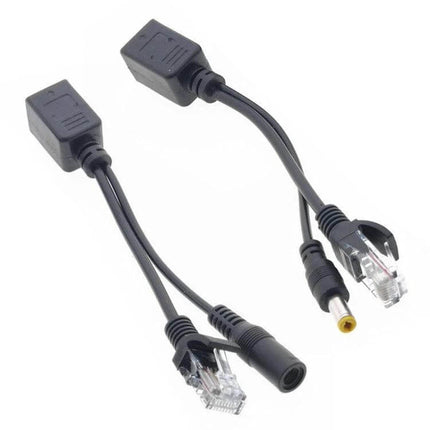 RJ45 POE Injector and Splitter Cable Set for Ethernet Power Delivery showing injector and splitter with RJ45 and DC power connectors