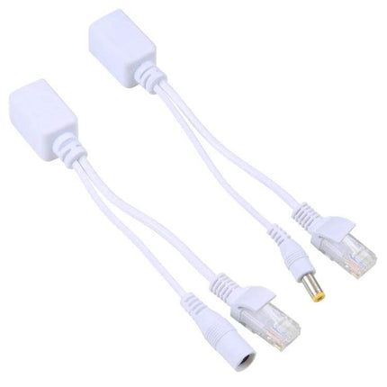 RJ45 POE Injector and Splitter Cable Set for Ethernet Power Delivery white injector and splitter with RJ45 and DC connectors