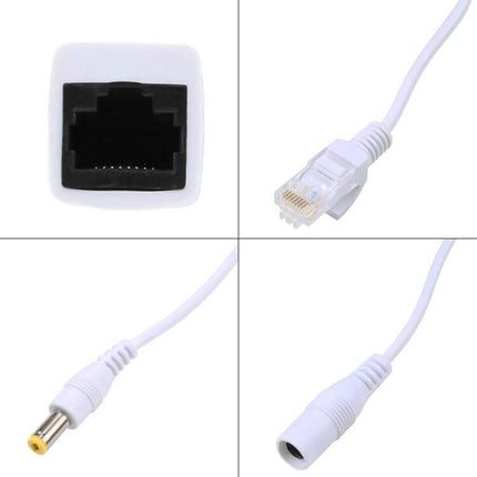 RJ45 POE Injector and Splitter Cable Set for Ethernet Power Delivery shown with RJ45 jack, Ethernet plug, DC barrel plug and DC jack