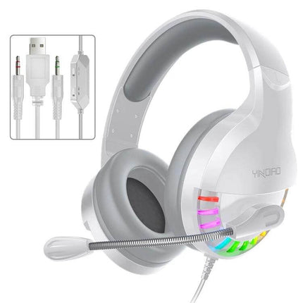 YINDIAO Wired Gaming Headset With Mic For PC And Laptop white over-ear headset with USB, dual 3.5mm jacks and RGB lighting