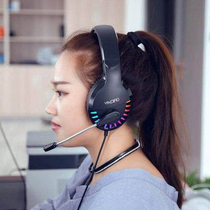 YINDIAO Wired Gaming Headset With Mic For PC And Laptop showing side profile of user wearing RGB headset and boom mic