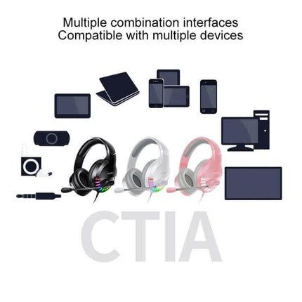YINDIAO Wired Gaming Headset With Mic For PC And Laptop showing black white pink headsets with devices and connectors