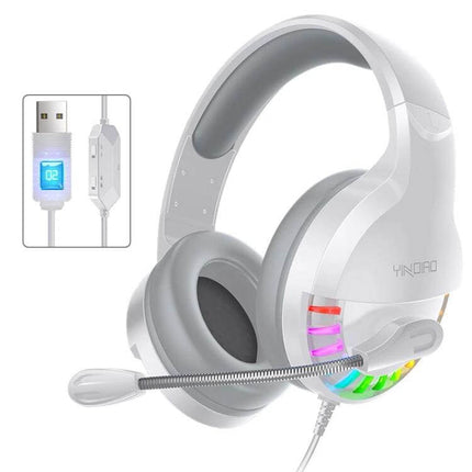 YINDIAO Wired Gaming Headset With Microphone For PC white USB headset with RGB lights, over-ear cushions and inline control