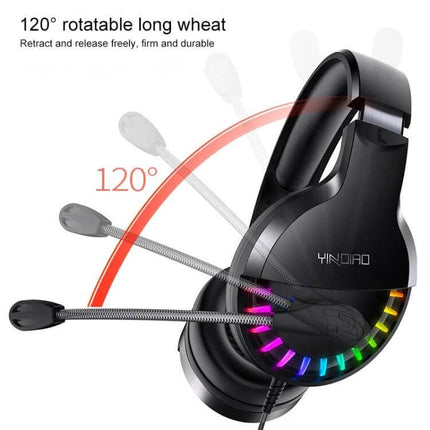 YINDIAO Wired Gaming Headset With Microphone For PC showing 120° rotatable boom mic and RGB over-ear design