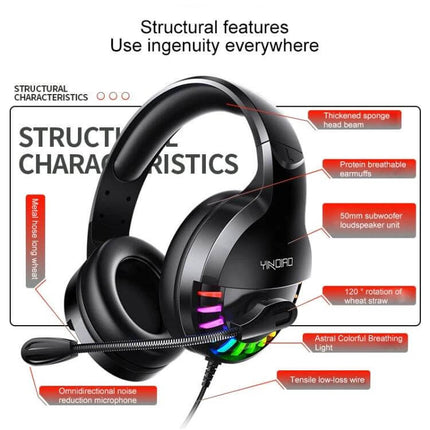 YINDIAO Wired Gaming Headset With Microphone For PC black USB over-ear headset with mic and RGB lights