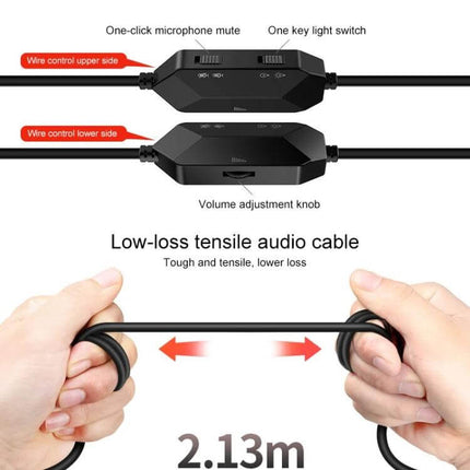YINDIAO Wired Gaming Headset With Microphone For PC showing inline control box, mute, light switch, volume knob, 2.13m cable