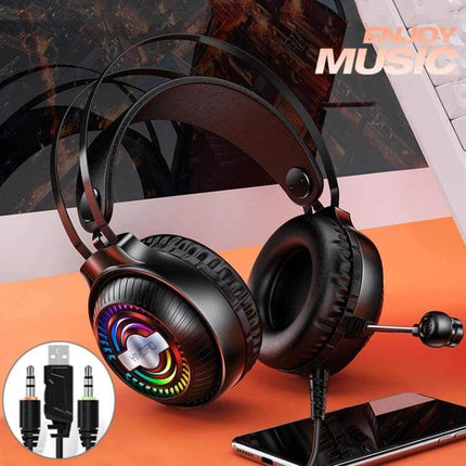 YINDIAO Wired Gaming Headset With Comfort Ear Cushions shown with RGB earcups, boom mic, long 2.39m cable, phone and USB adapter