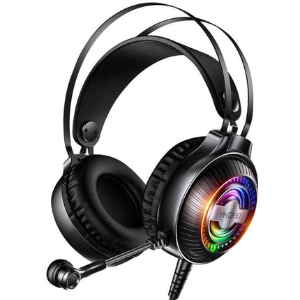 YINDIAO Wired Gaming Headset With Comfort Ear Cushions showing padded ear cushions, RGB drivers, retractable mic, 2.39m cable